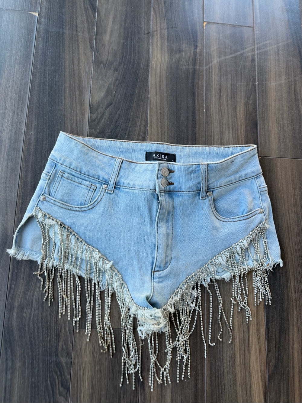 AKIRA Light Blue Denim Shorts with Beaded Fringe